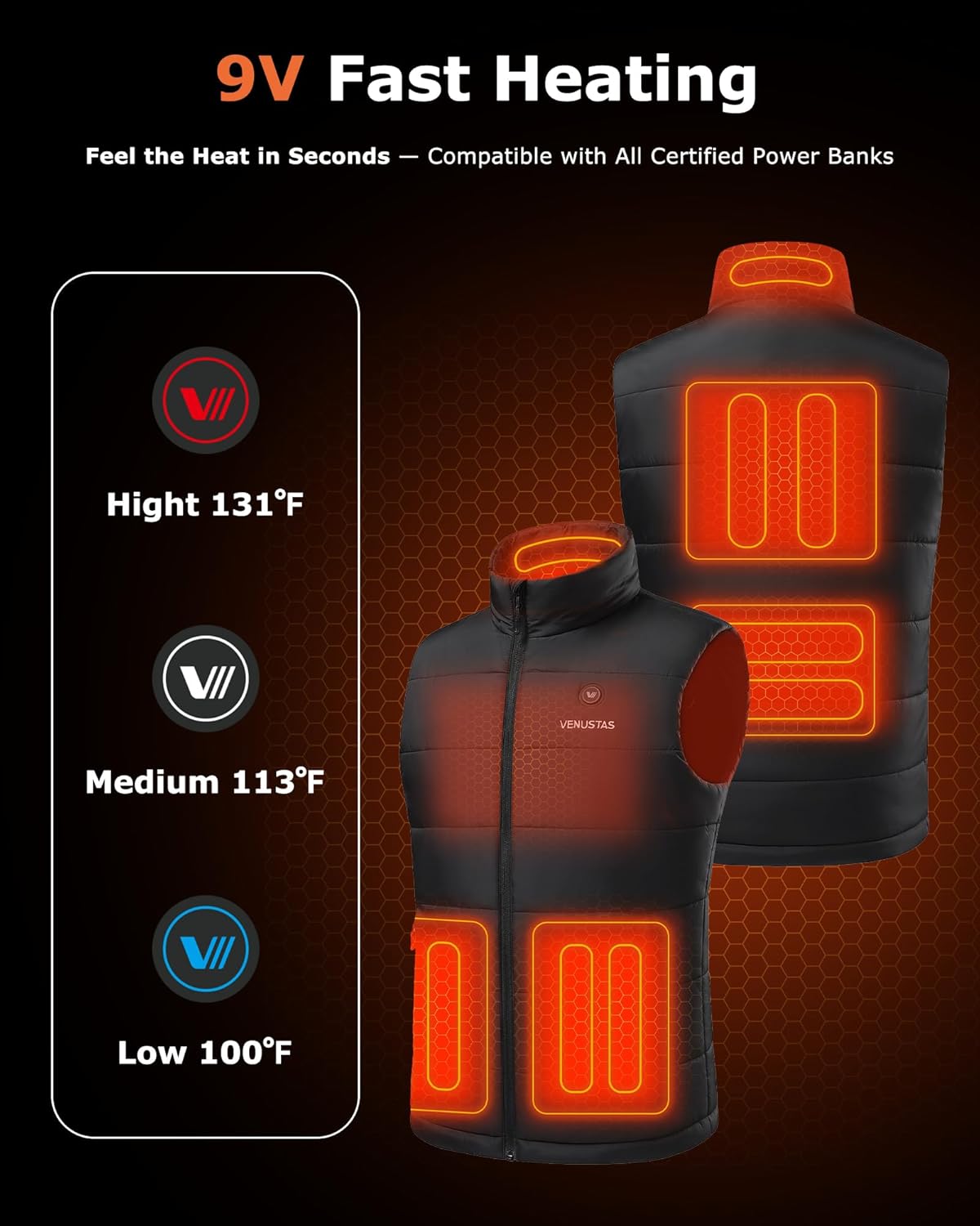 Venustas Men's Heated Vest, 9V USB-C Heated Vest Compatible with Most USB-C Output Power Banks (Battery Not Included) - Image 3