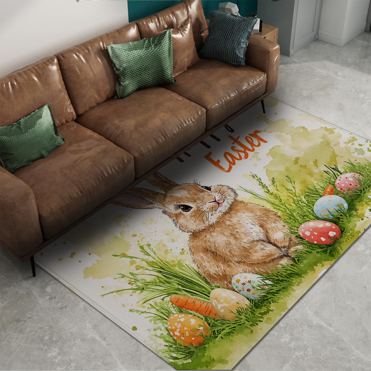 Tapis de salon lavable avec motif feuilles et envers antidérapant sécurisé
