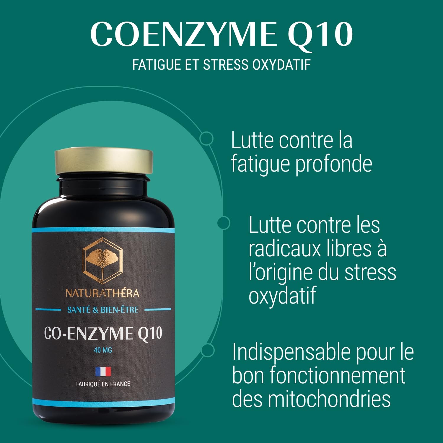 CO-ENZYME Q10 - Ubiquinone Concentrée - Complément Alimentaire Stress Oxydatif Fatigue Profonde, Beauté de la Peau - 150 Gélules - Fabriqué en France - Vegan - Sans Additifs Allergènes OGM
