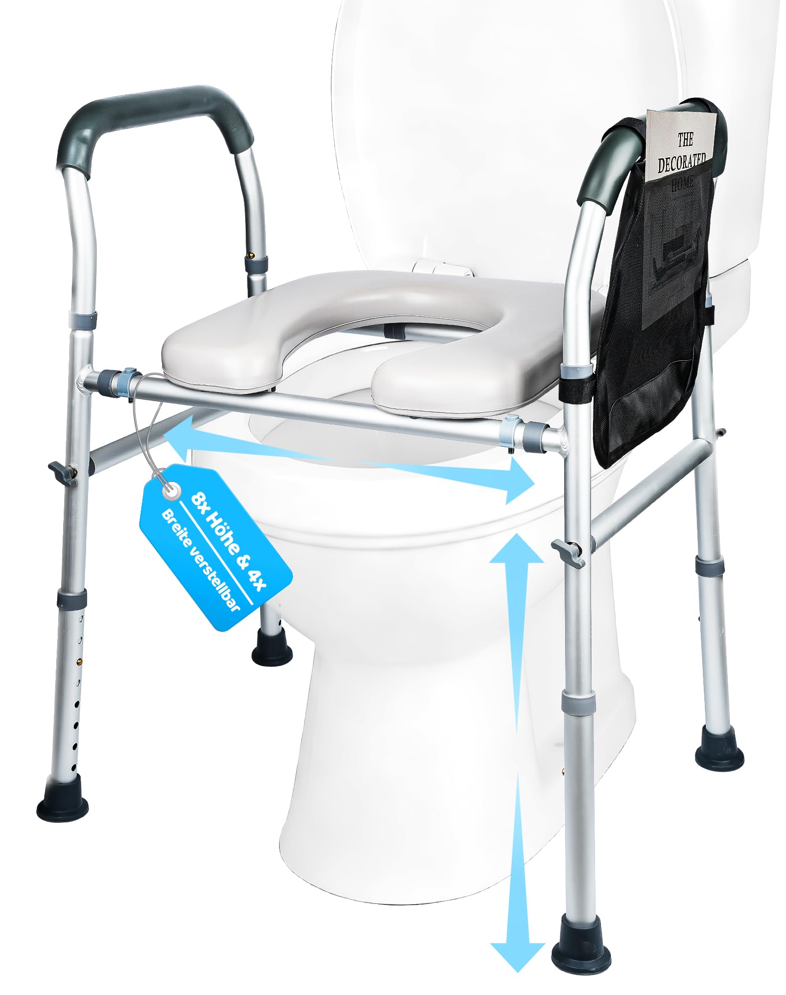 Toilettensitzerhöhung mit Armlehnen WC Sitzerhöhung Aufstehhilfe Toilettenaufsatz für Senioren Erhöhter Toilettensitz mit verstellbarer 8-Stufen Höhe/4-Stufen Breite Toilettenerhöhung bis zu 180kg