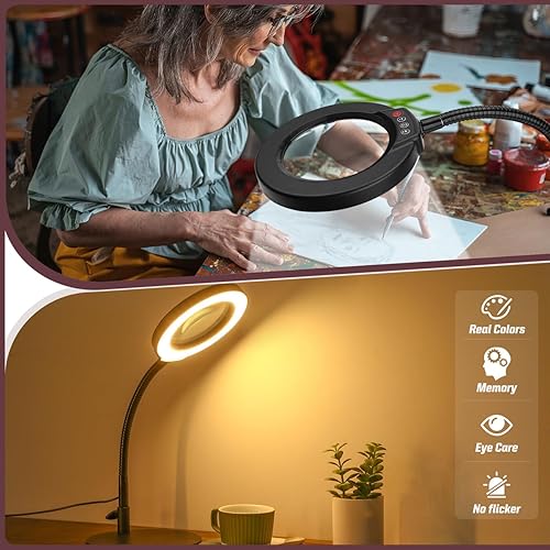 Miniatura 6 de 10 lupas con luz y soporte, 5 modos de color, lámpara de escritorio con luz LED regulable sin escalones, lupa manos libres con cuello de ganso