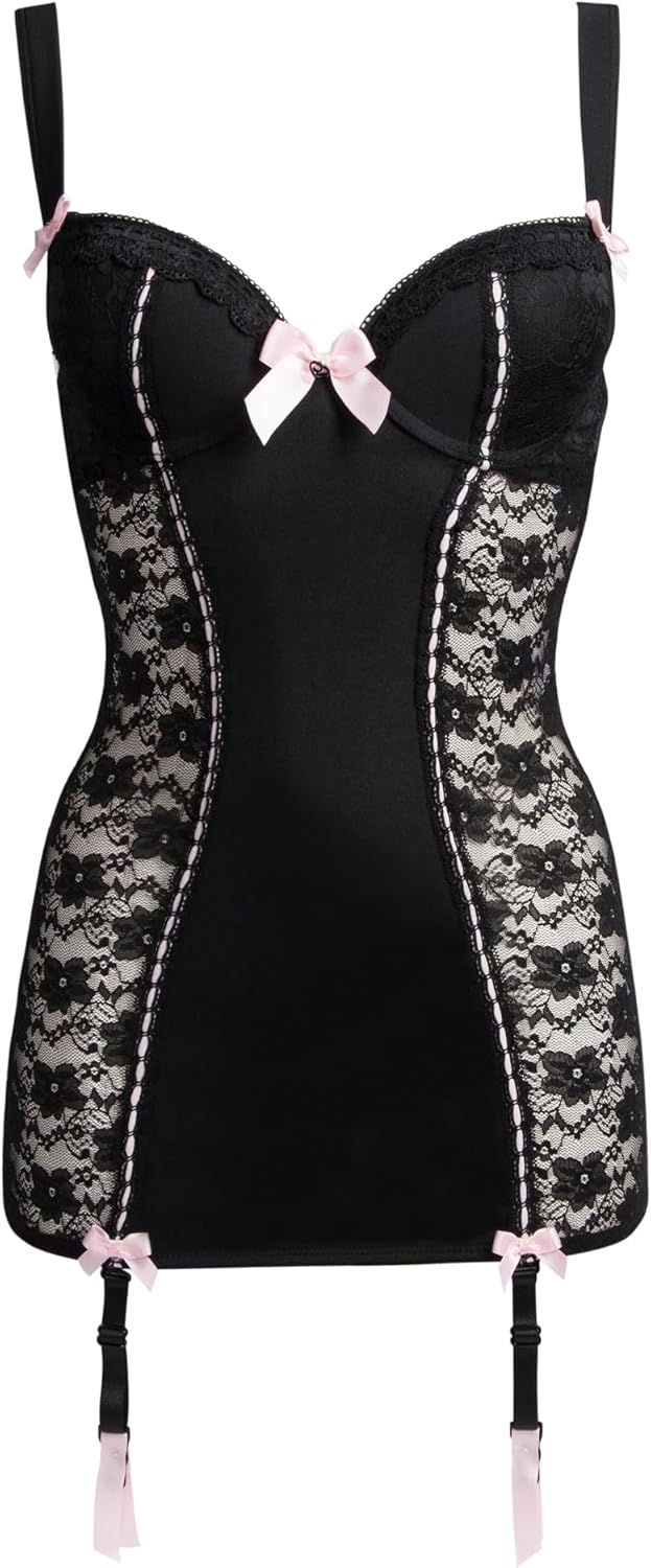 Lovehoney Lingerie Black & Pink Lace Push Up Chemise Set & G-String - Regular to Plus Size - Plunge Cups & Adjustable Straps