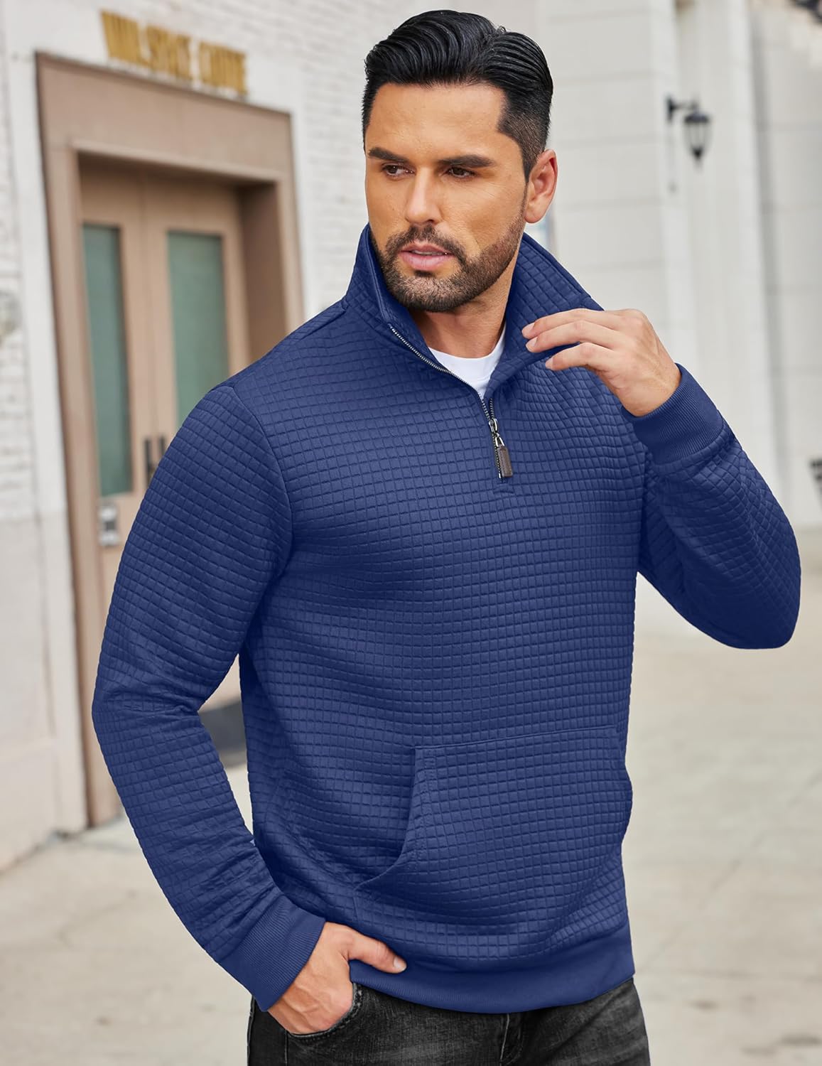 COOFANDY Mens Quarter Zip Sweatshirt Long Sleeve Casual Waffle Pullover Hoodies with Pocket
