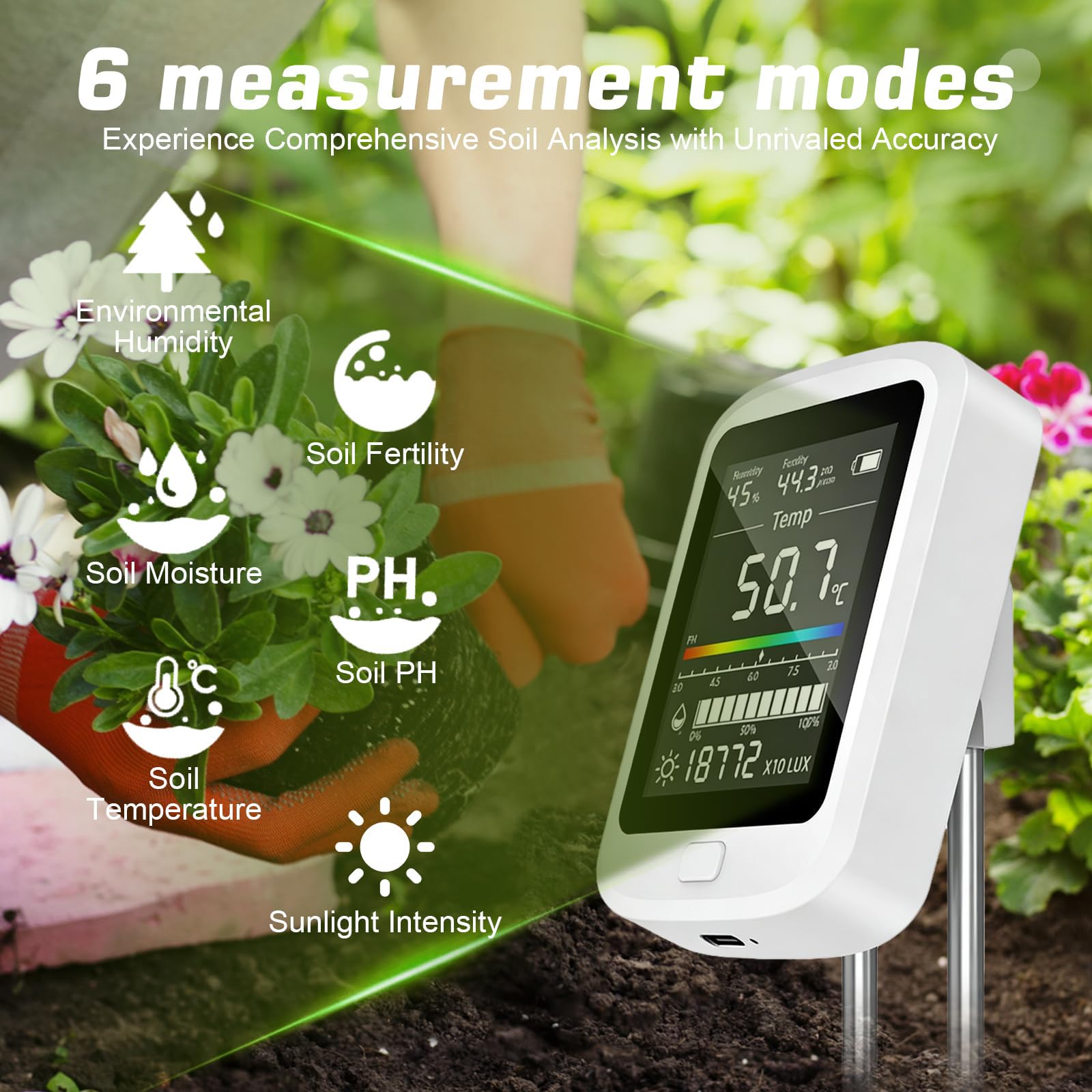 PH Terra, Misuratore di umidità 6 in 1, per piante digitali, misuratore di umidità per terreno con valore PH temperatura umidità luce fertilità per giardino, prato, agricoltura