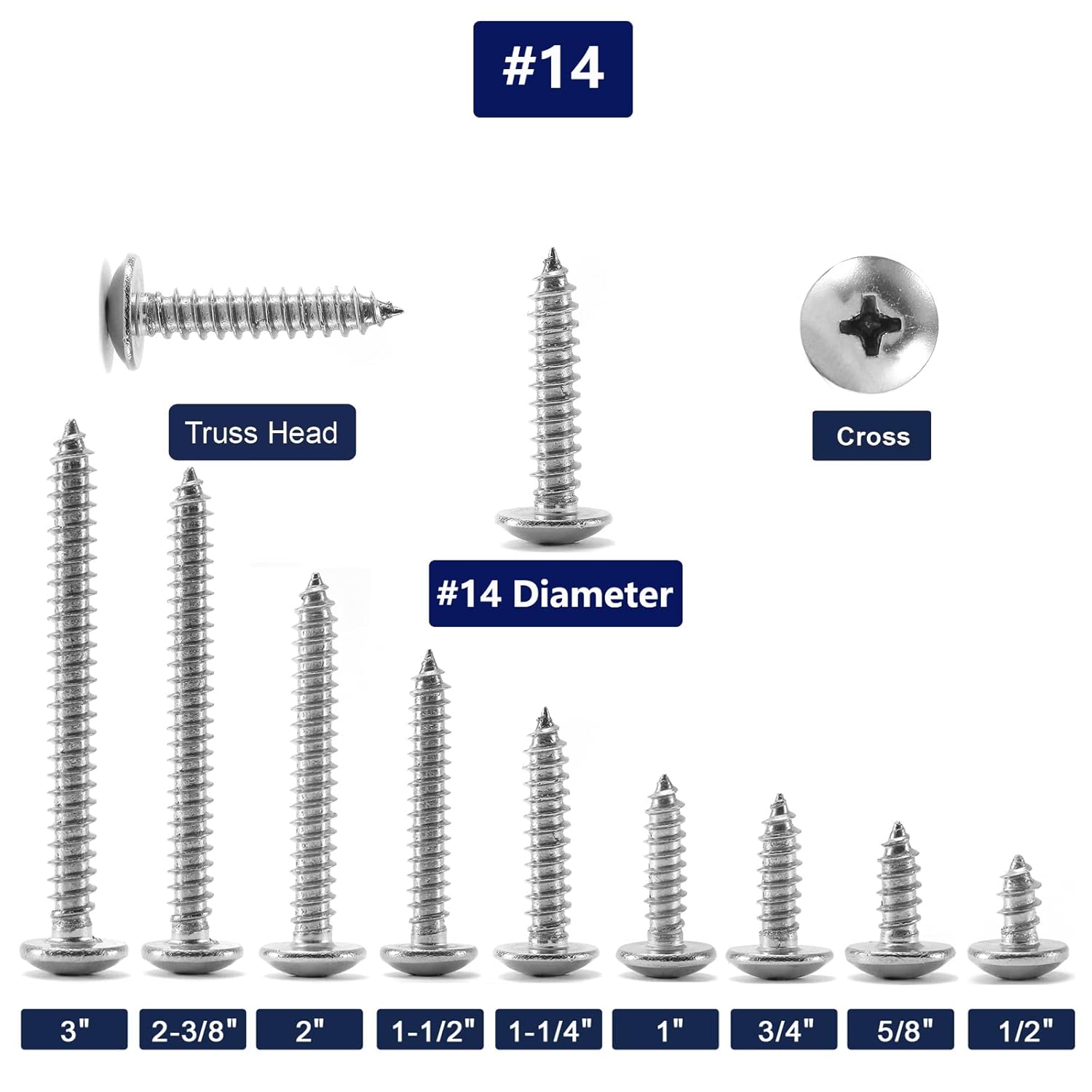 #14 x 3 Wood Screw 100Pcs Truss Head Phillips 18-8 (304) Stainless Steel Fast Self Tapping Screws by SG TZH