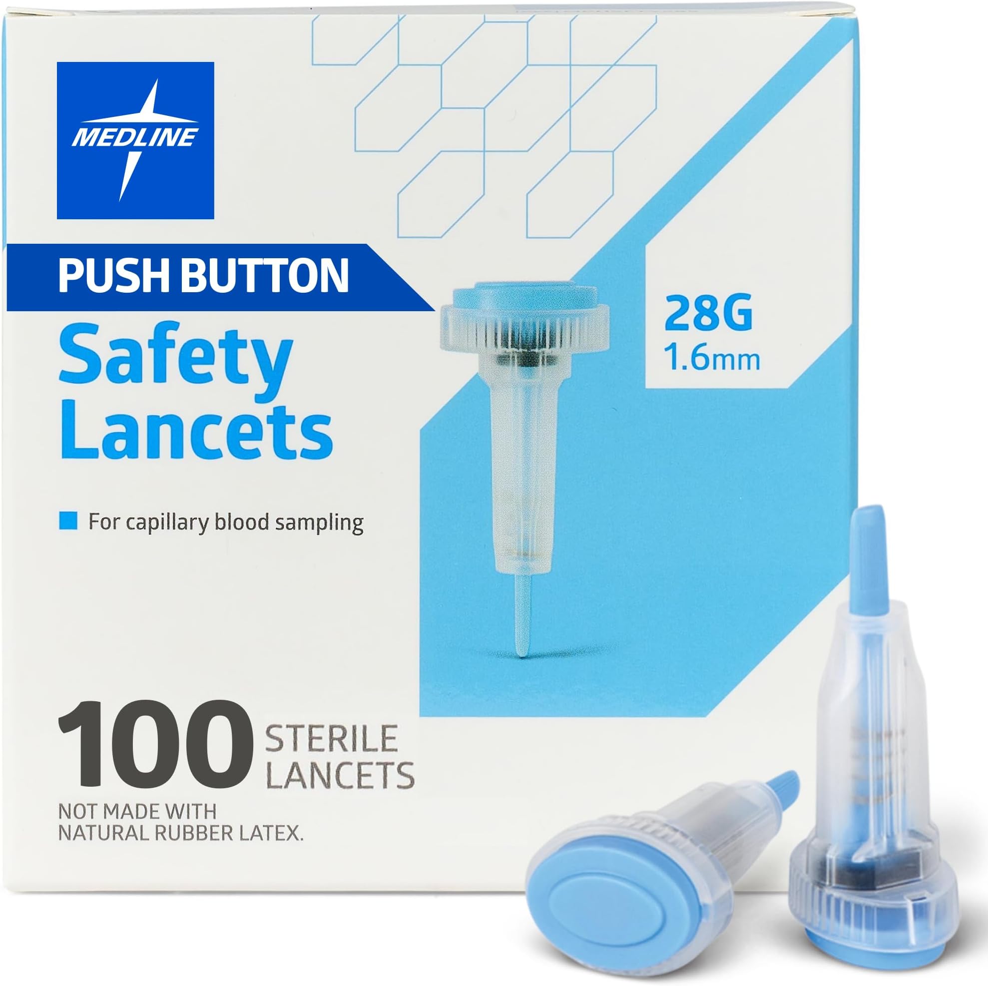 Sterile Safety Lancets, Push-Button Activation, Blood Glucose Testing, Controlled Penetration, 28G x 1.6 mm, 100 Count