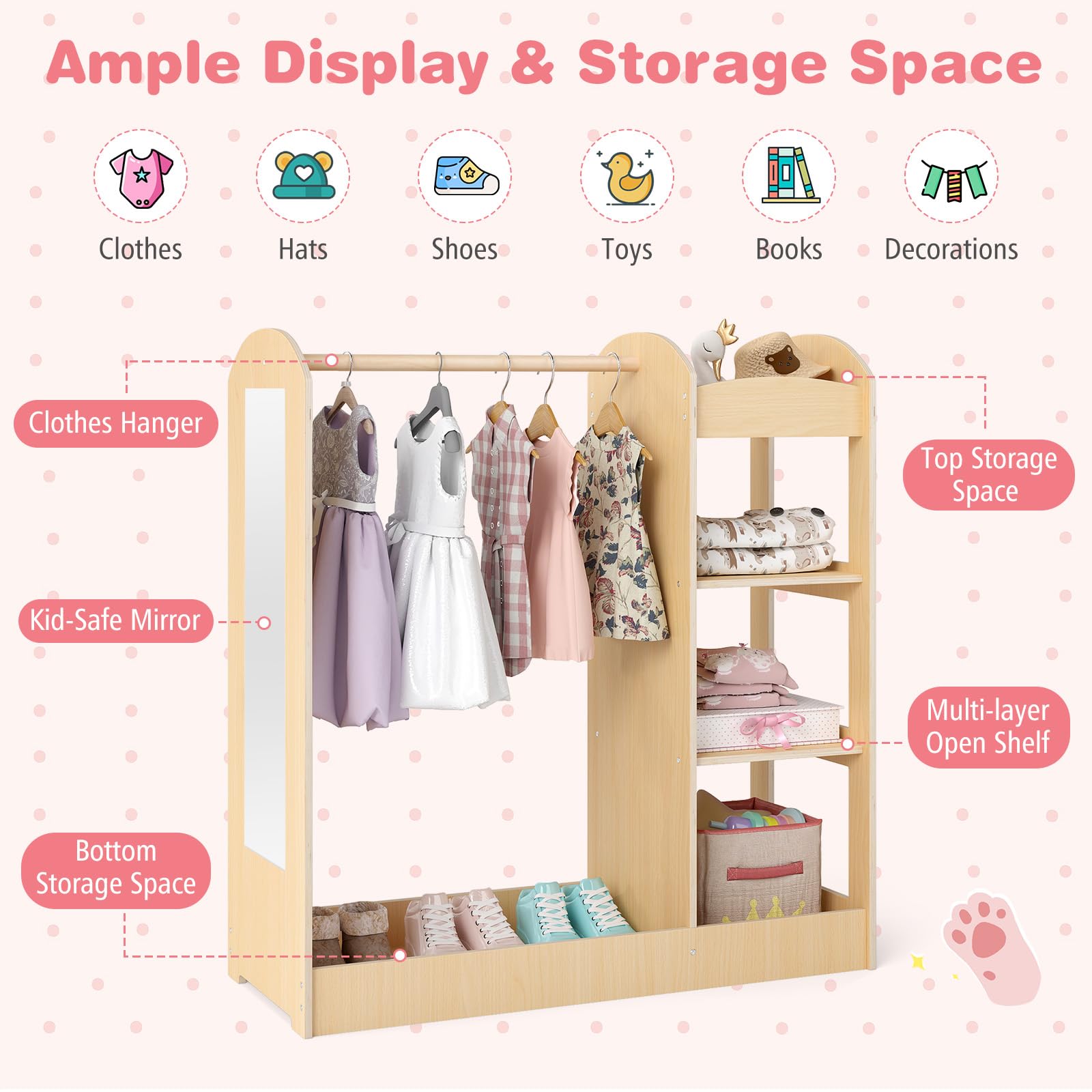 FANTASK Kindergarderobe Kleiderständer, Holz Kleiderschrank mit Spiegel sowie 4 Ablagen Kleiderbügel, multifunktionales Kinder Garderobenregal für Kinderzimmer Spielzimmer, Natur