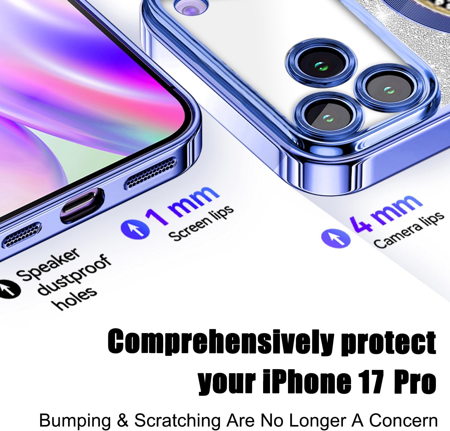 Misscase for iPhone 17 Pro Magnetic Glitter Case Compatible with MagSafe,Full Protection Slim Shockproof Anti-Scratch Case with Camera Lens Protector Plating Bling Dust-Proof Net Blue - Image 6