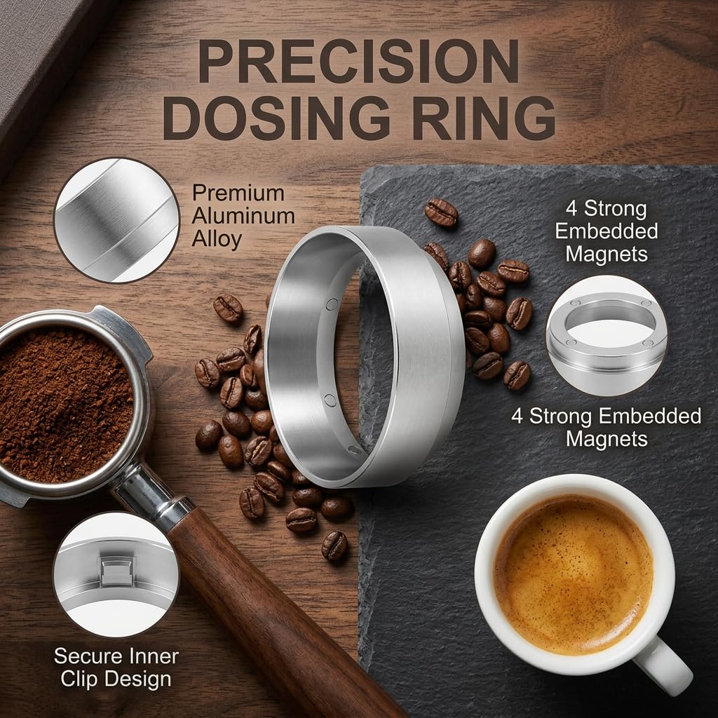 Anillo Dosificador Café 58mm Magnético Embudo Dosificador de Aleación de Aluminio Compatible con Portafiltro 58mm Espresso para Cafetera Espresso, Antisalpicaduras, Fácil de Usar y Limpiar