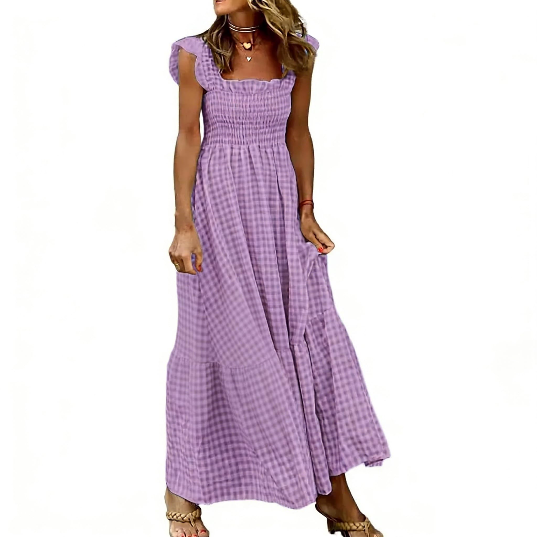 ThiCc Women’s Gingham Maxi Dress – Ruffle Trim Spaghetti Strap Smocked Tube High Waist Flowy A-Line Sundress Sleeveless Plaid Long Dresses for Summer Beach Vacation Casual Wear (Purple,L)