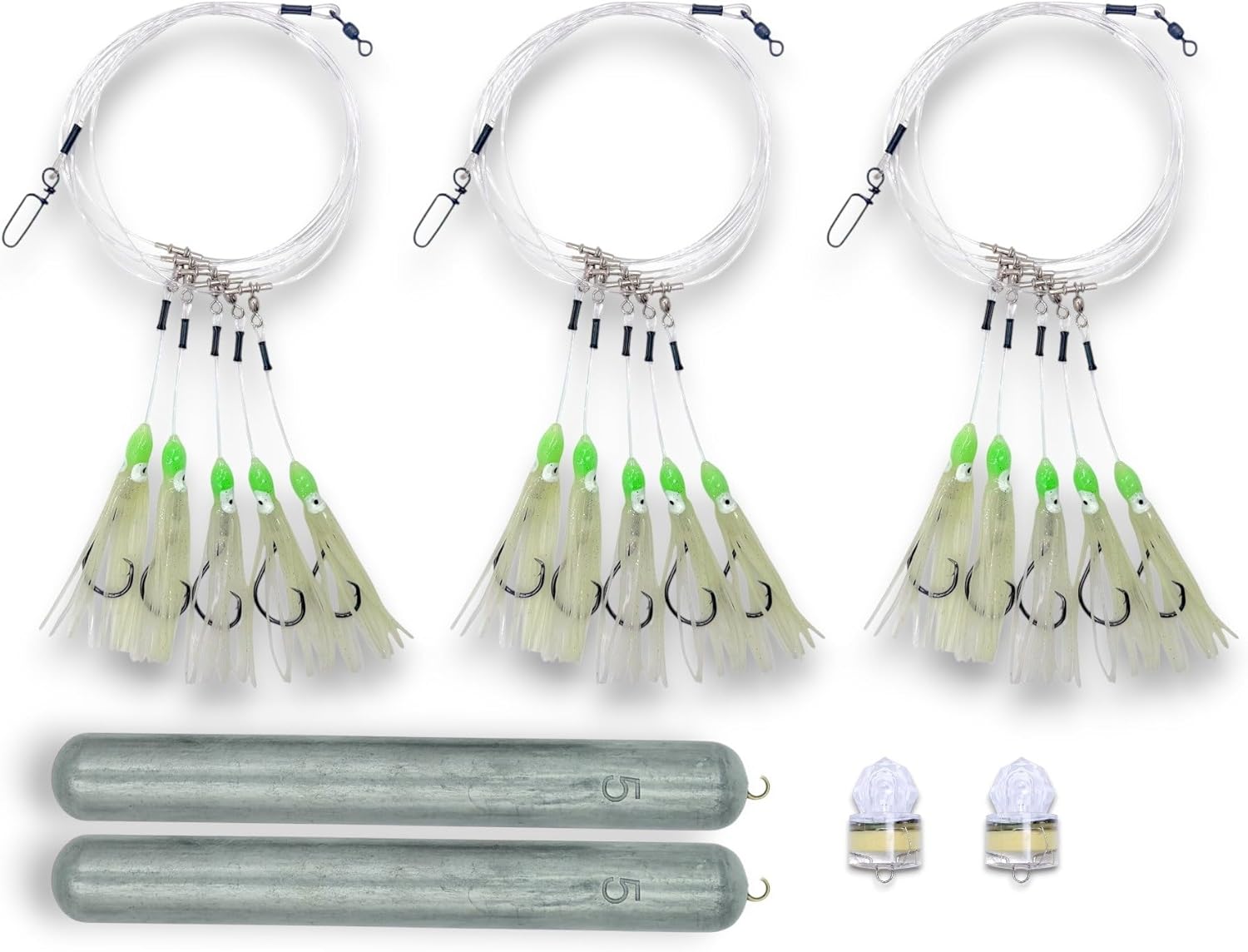 Deep Drop Glow Squid Bundle - 3 Rigs, 2 Deep Drop Lights, 2 Deep Drop Weights