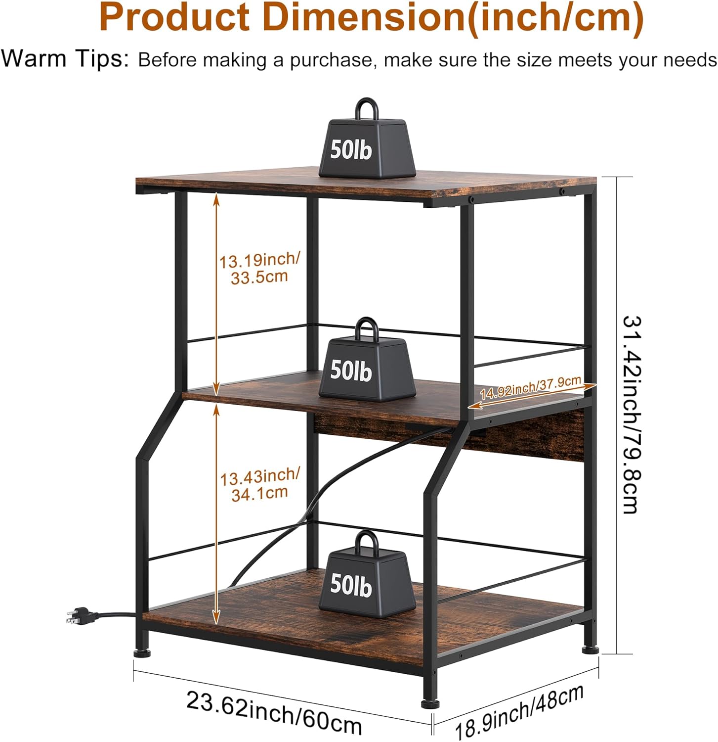 23.62 x 18.9” Large Printer Stand with Locking Wheels, 3 Tier Printer Table with Storage, Rolling Cart Station for Home Office Kitchen, Rustic Brown