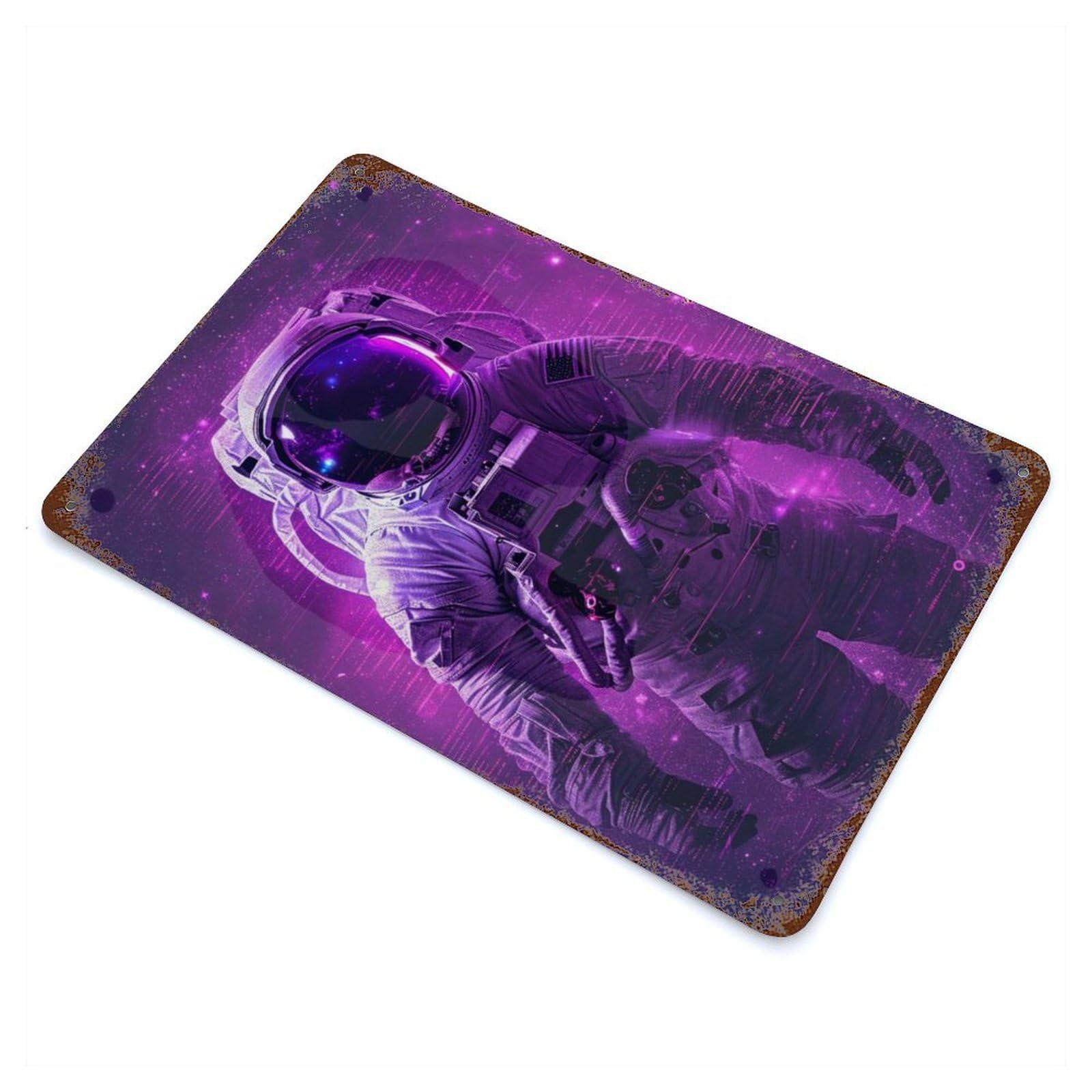 Astronaut Cosmic Glitch 11.8"x7.9" Weathered Tin Sign, Shabby Chic Decor for Cafe, Home Bar And Lounge Decor