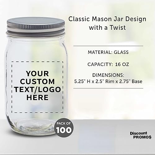 Miniatura 4 de Discount Promos Tarros Mason personalizados con tapas, 16 onzas, juego de 100 unidades, paquete personalizado a granel, tarros de vidrio para avena