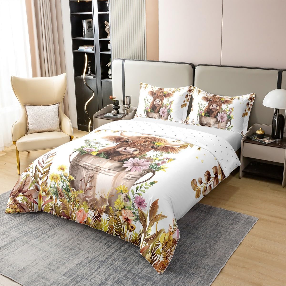 Erosebridal Highland Cow Bedding Set King Rustic Farmhouse 100% Cotton Duvet Cover Brown Boho Eucalyptus Leaves Comforter Cover for Kids Boys Girls Adults Floral Farm Animal Print Bed Set 3 Pcs