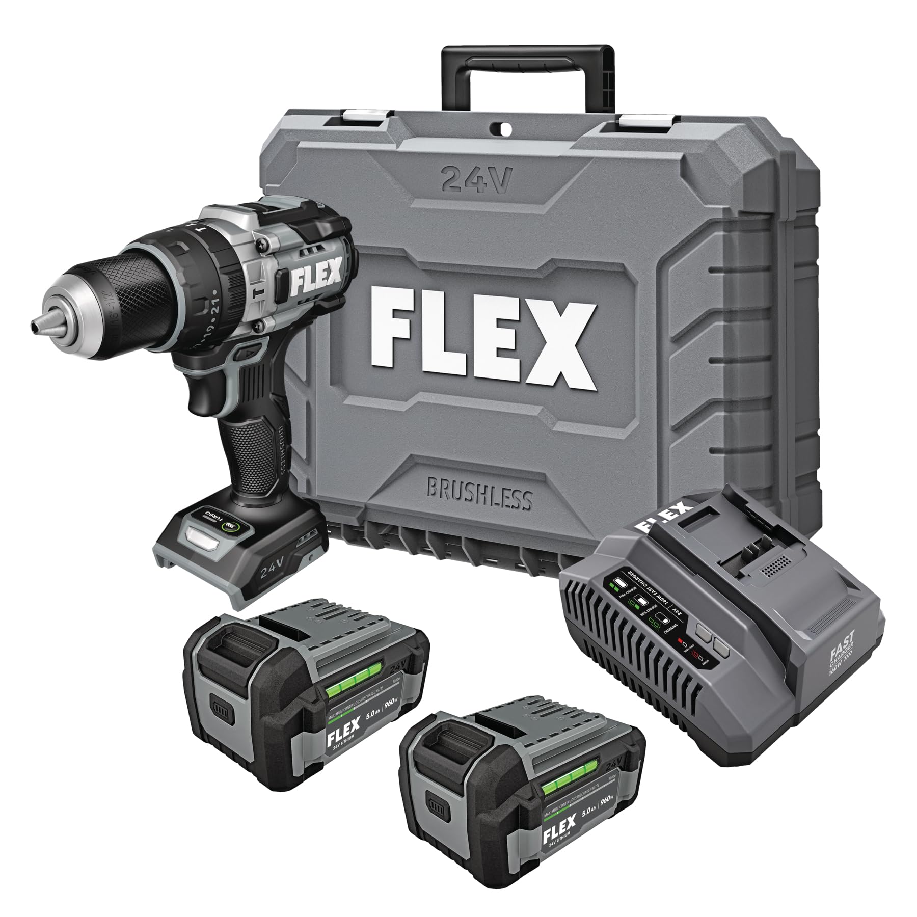 FLEX 24V Brushless Cordless 1/2-Inch 1,500 In-Lbs Torque 2-Speed Hammer Drill Turbo Mode Kit with (2) 5.0Ah Lithium Batteries and 160W Fast Charger - FX1272T-2C