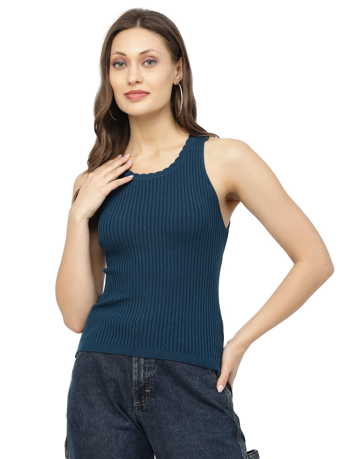 kalt Womens Knitted, Ribbed Cotton Fitted Sleeveless Round Neck Cami Tank Top for Women Stylish-picture-15