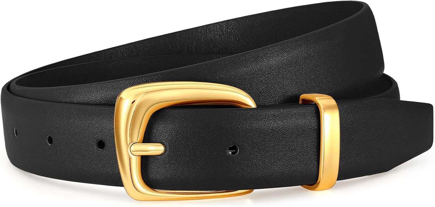 Vonmelli Women's Faux Leather Belt with Vintage Gold Buckle - Adjustable Waist Belt for Jeans, Dresses & Casual Outfits (XS-XL)