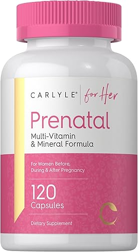 Carlyle Vitaminas prenatales para mujeres 120 cápsulas Fórmula multivitamínica y mineral con ácido fólico Suplemento sin OMG y sin gluten