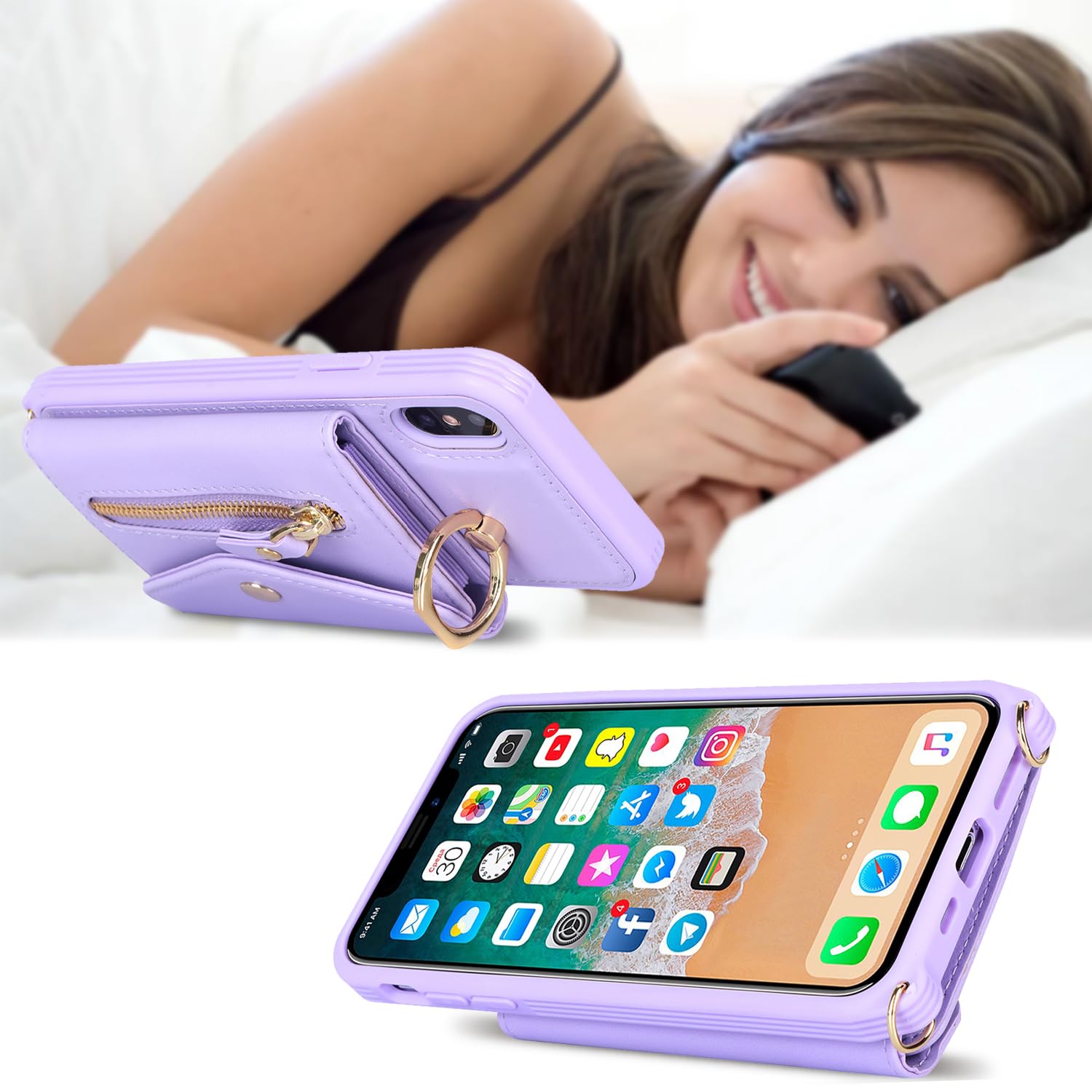 SailorTech iPhone XS Max Case with Zipper Credit Card Holder for Women iPhone XS Max Phone Leather Case Ring Stand with Card Slots Kickstand Wallet Crossbody for iPhone XS Max-Purple - Image 3