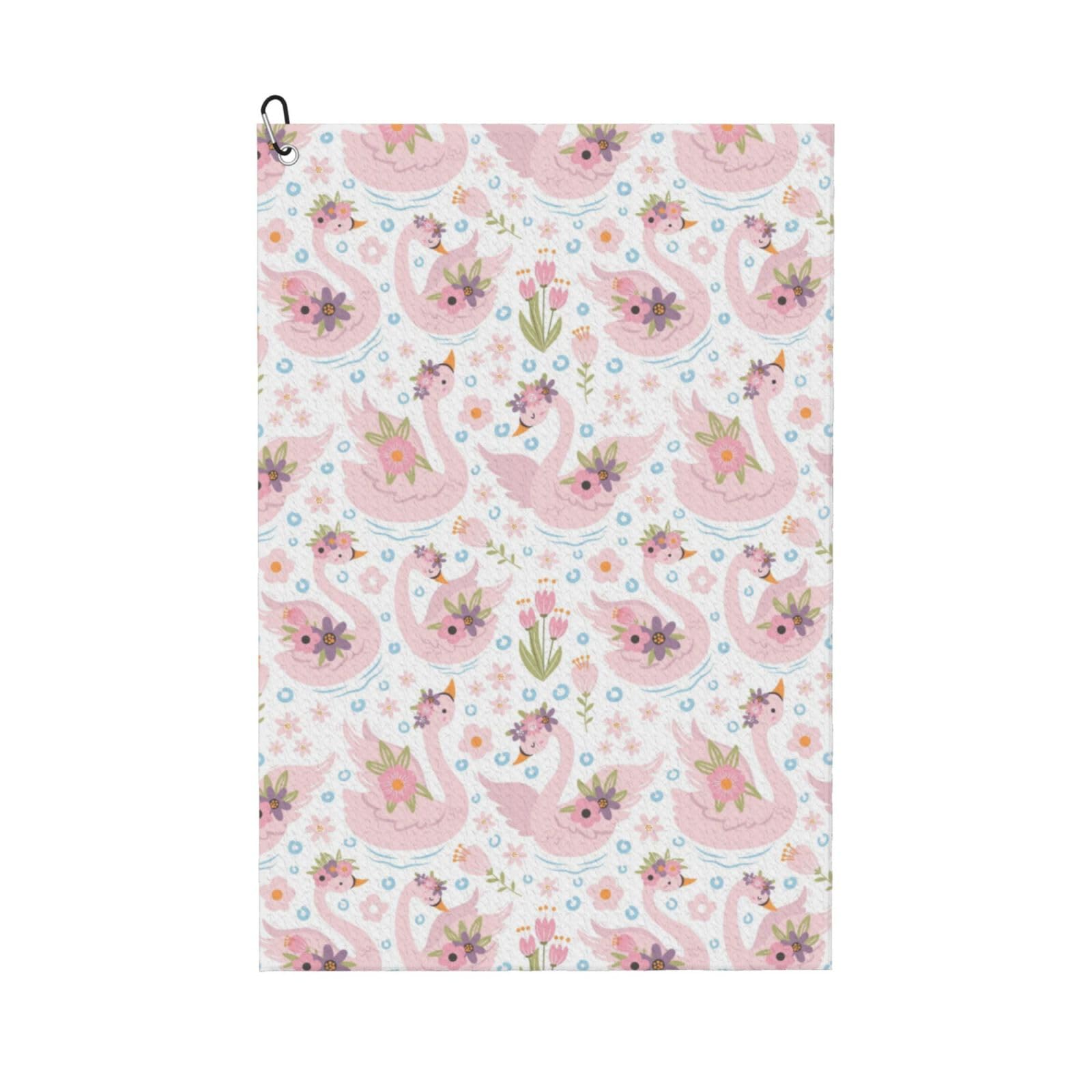 AOOEDM Swan and Flowers Print Golf Towel with Carabiner Clip Absorbent Microfiber Golf Towel for Cleaning Golf Ball Club Putter Iron for Golf Bag Trolly Belt Loop 16" X 24"