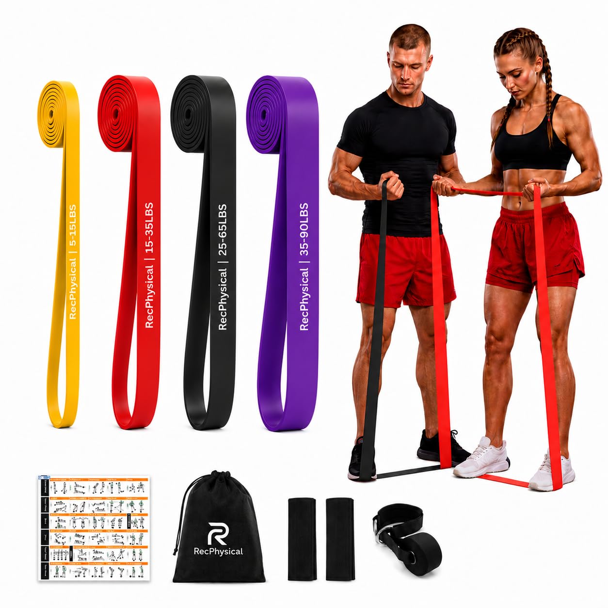 RecPhysical Resistance Bands Set for Men & Women - 4 Levels Exercise Band with Grip Pads and Door Anchor, Pull Up Bands for Strength Training, Stretching, Powerlifting, Home Workouts(5-90LBS)