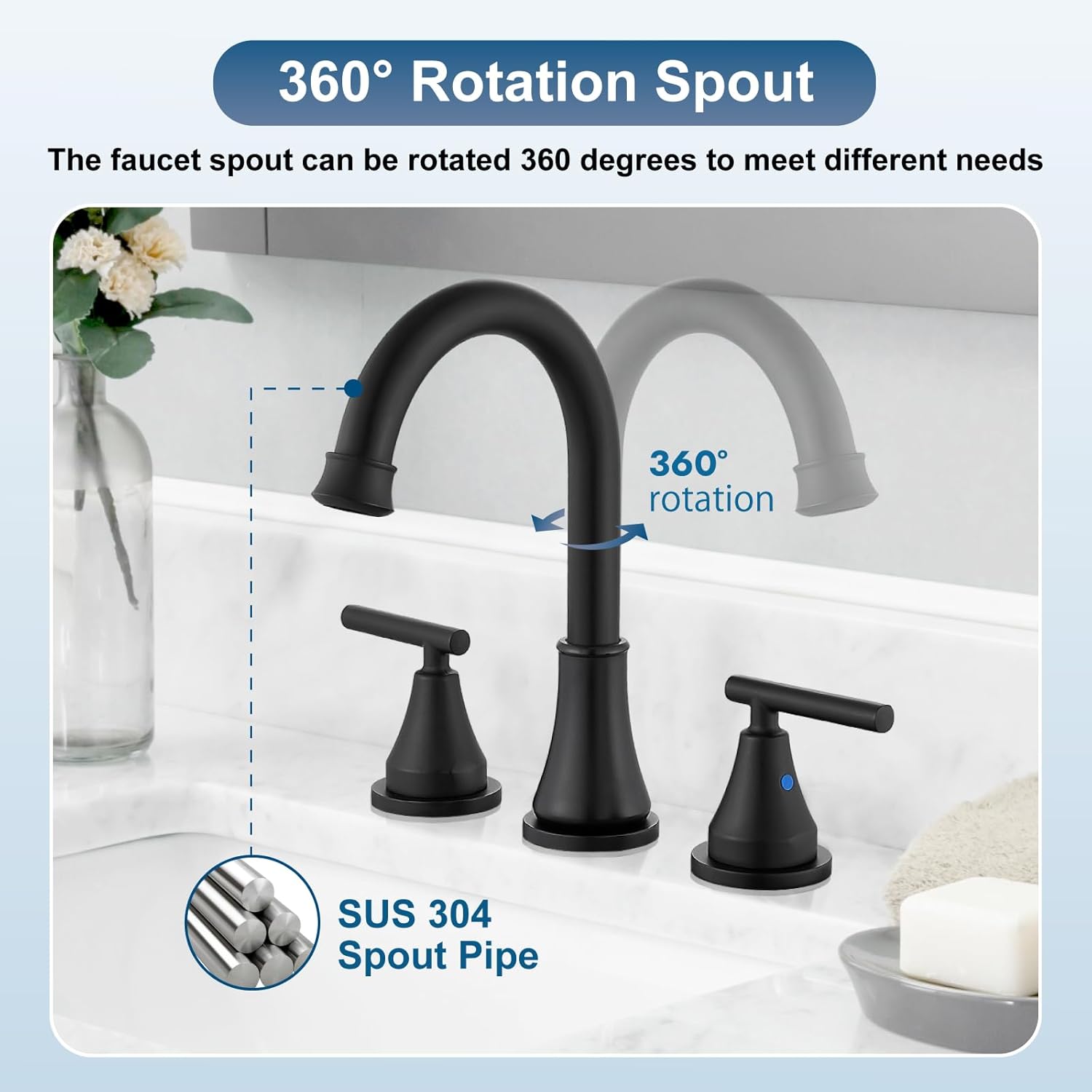 Widespread Bathroom Faucet 3 Hole, 8 inch Bathroom Sink Faucet with Pop-up Drain and Supply Lines, Two Handles, Stainless Steel, Matte Black