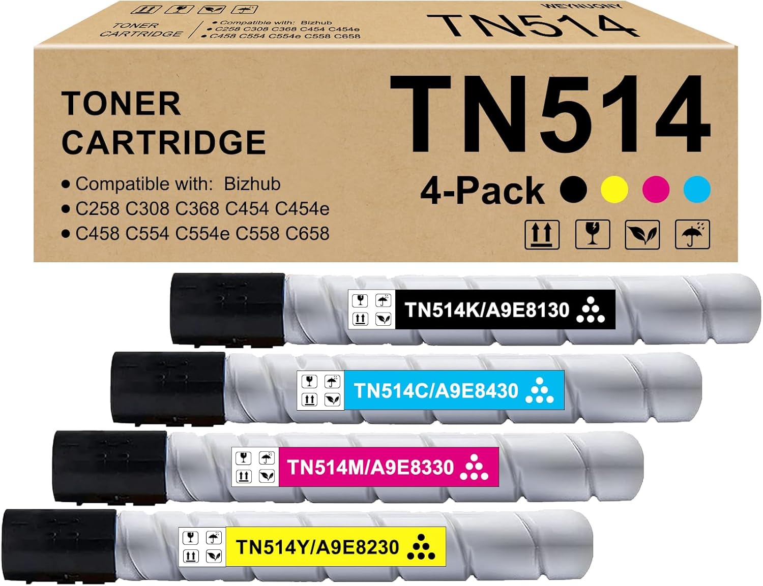 TN514 TN-514 Toner Cartridge Compatible for Konica Minolta Bizhub C458 Toner TN514K TN514C TN514M TN514Y A9E8130 A9E8230 A9E8330 A9E8430 for C558 C658 Printer Black Cyan Magenta Yellow 4Pack 4 Pack