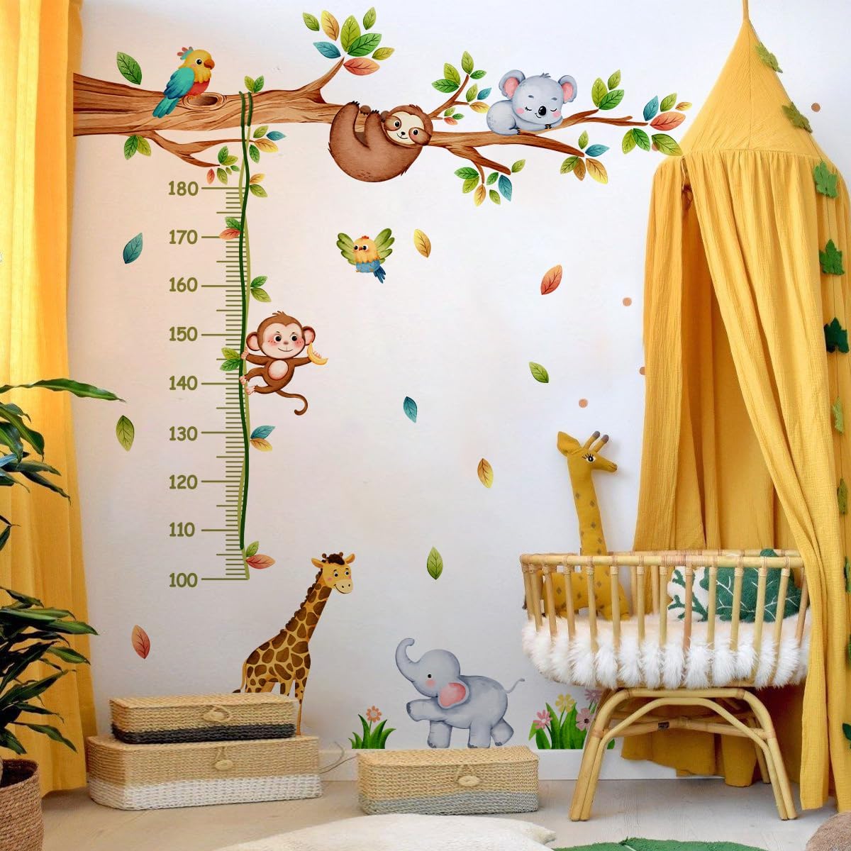 Joyartu 3 Sheets Jungle Animals Tree Wall Decals Giraffe & Monkeys Kids Height Wall Stickers Baby Nursery Kids Bedroom Living Room Wall Decor(11.8 x 35.4 inches Each)