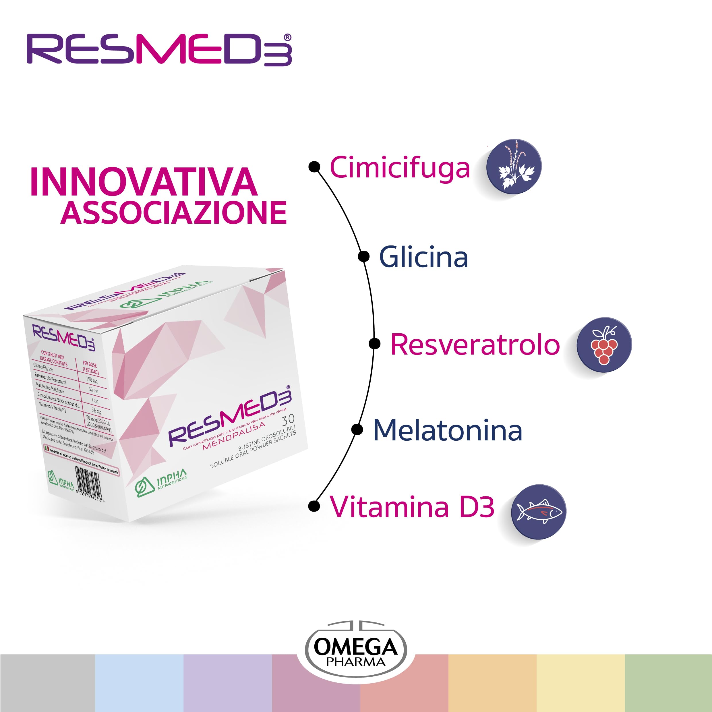RESMED3® Benessere in Menopausa- Vitamina D3, Melatonina, Glicina, Resveratrolo e Cimicifuga ● Senza Glutine e naturalmente privo di Lattosio ● 30 Bustine Gusto Arancia