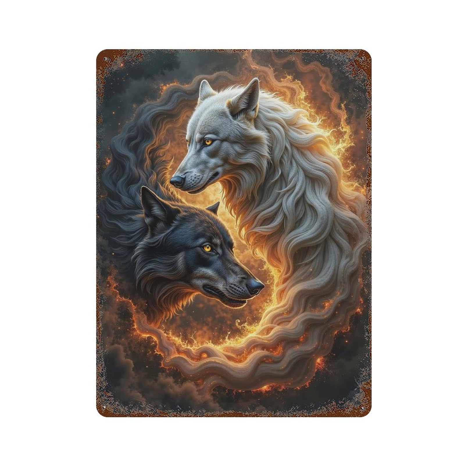 Decorative Tin Sign with Yin Yang Two Wolves in Fiery Circle Design 15.7"x11.8", for Farmhouse, Kitchen And Entryway Decor, Decorative Metal Wall Art