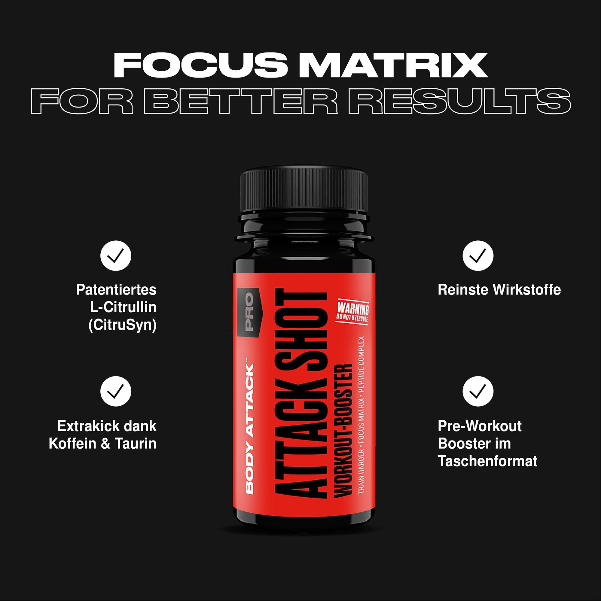 Body Attack Pre Workout Booster Shot - Grapefruit - 20 x 60 ml - Attack Shot mit Koffein, Taurin, Beta-Alanin, L-Tyrosin & L-Citrullin - Energy Drink to go für intensive Workouts