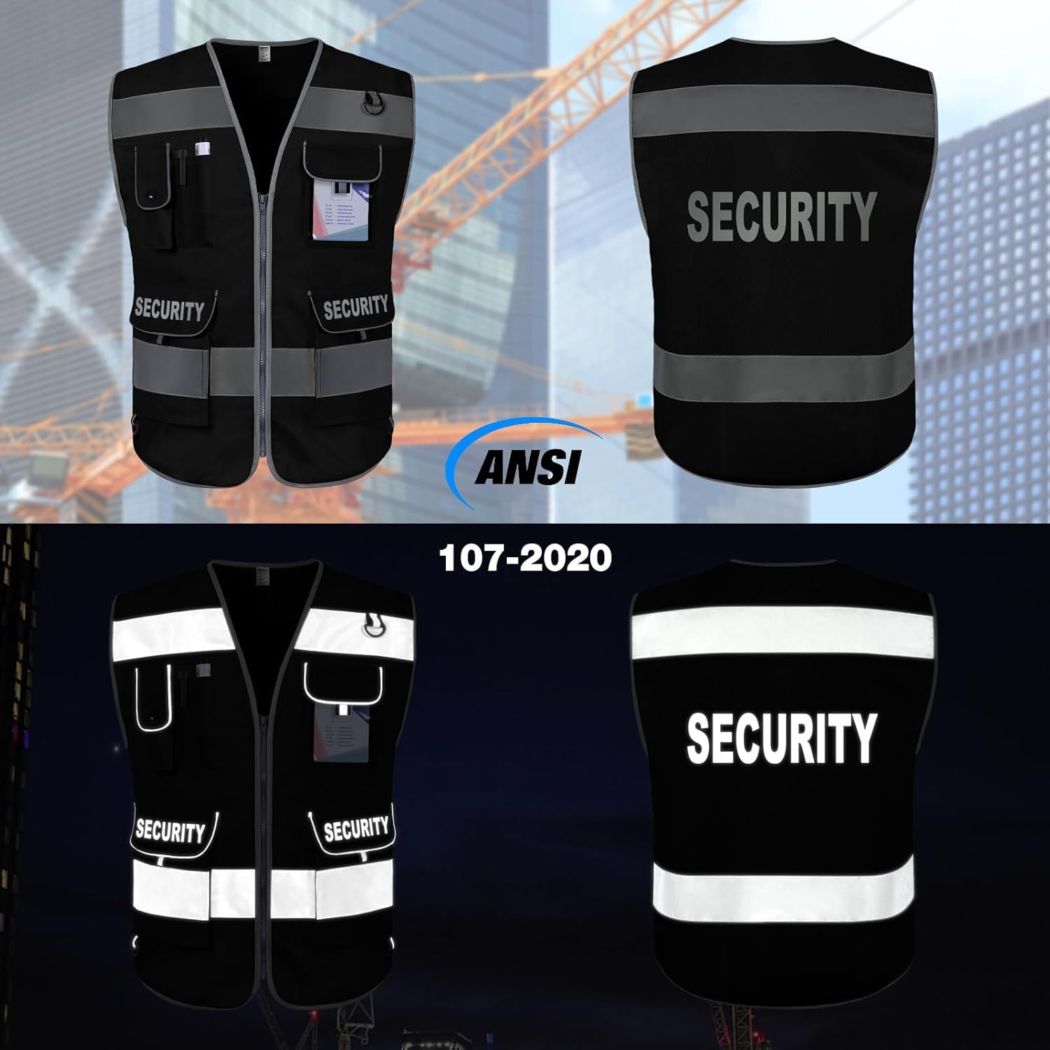 TCCFCCT Security Vest for Men Women 9 Pockets High Visibility Reflective Safety Vest, Durable Hi Vis Construction Vest with Reinforced Sewing, Meets ANSI/ISEA, (G100S-Black, XL) - Image 2