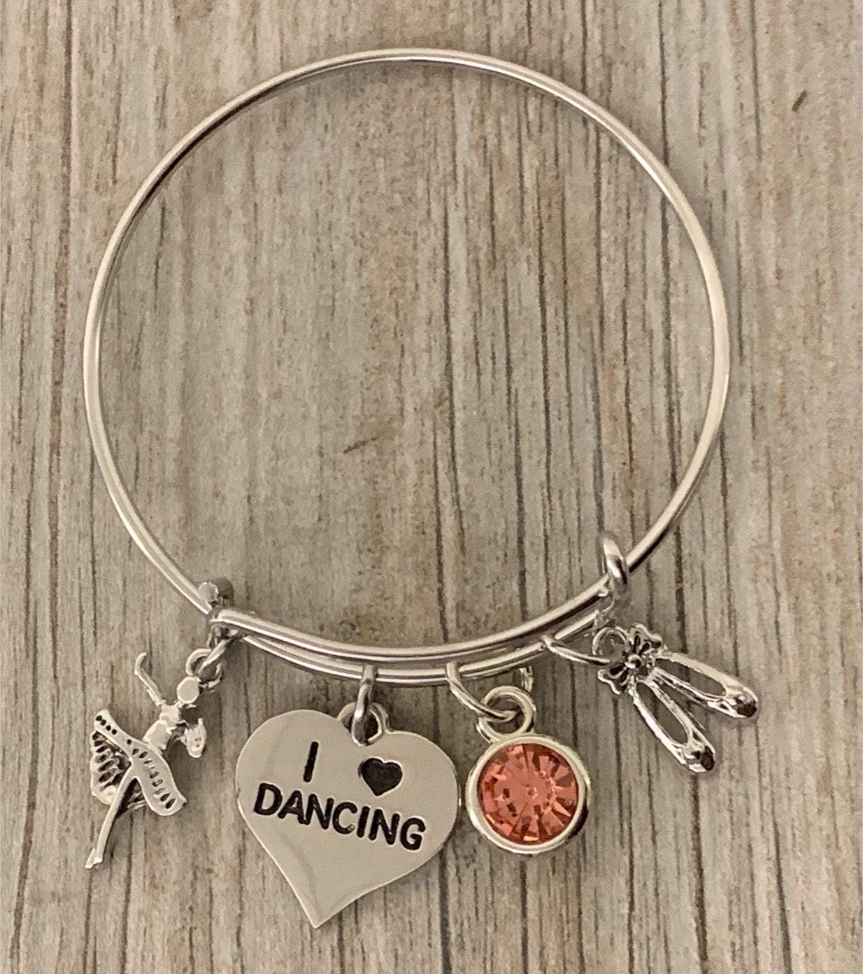 Personalized Dance Bangle Bracelet with Birthstone Charm- Dance Jewelry, Ballet Shoe Charm, Gift For Dance Recitals & Dancers