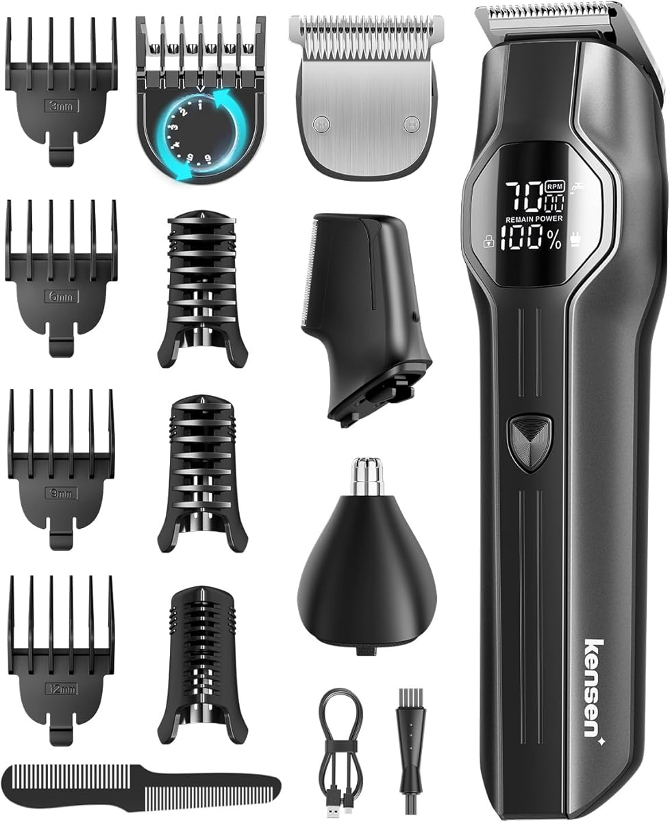 kensen Beard Trimmer for Men - 14 Piece Professional Mens Grooming Kit, Multi Groomer for Beard face Nose Ear Hair Trimmer Hair Cutting kit IPX7 Wet & Dry Use 210 Mins Shaving Gifts for Him & Father