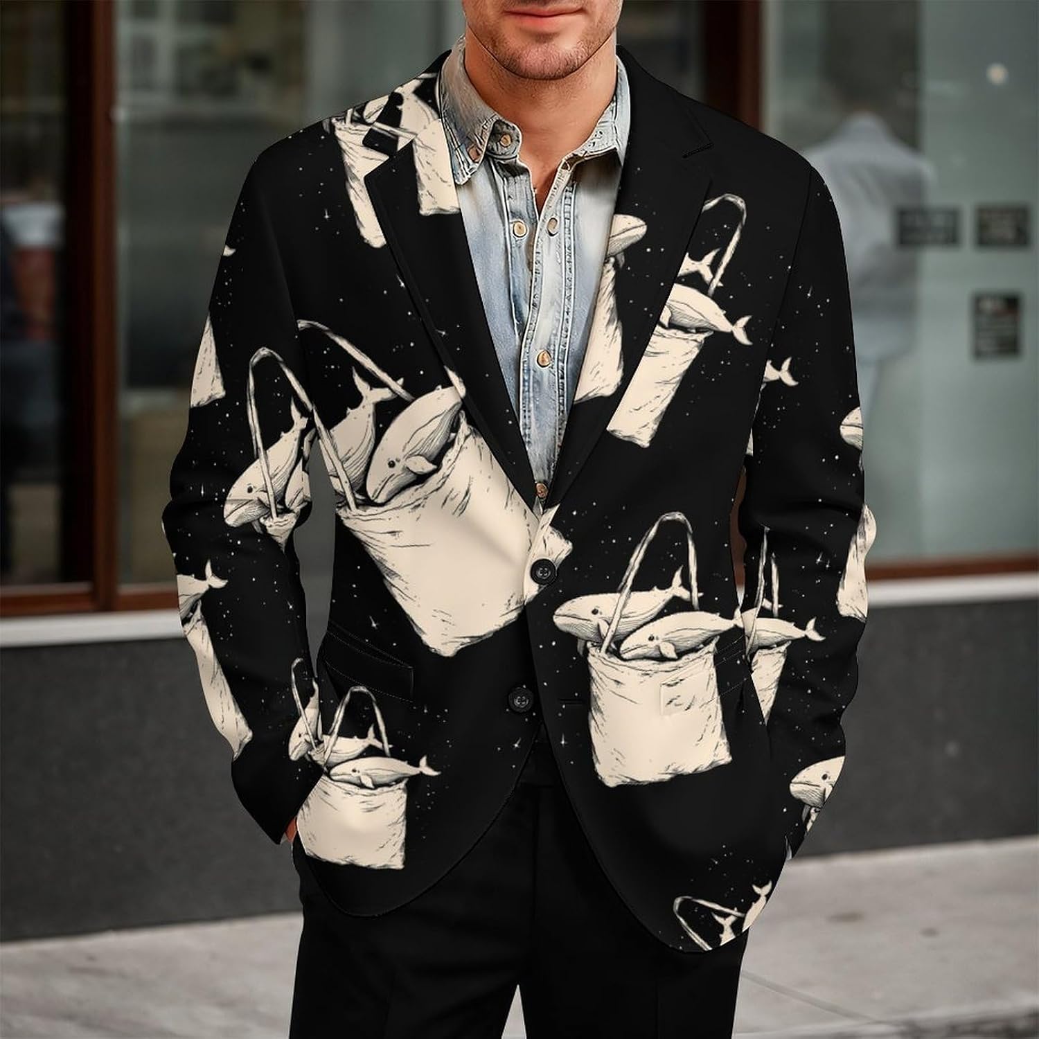 Whale in The Bag Casual Suit Blazer for Men Buttons Jacket Coat Business