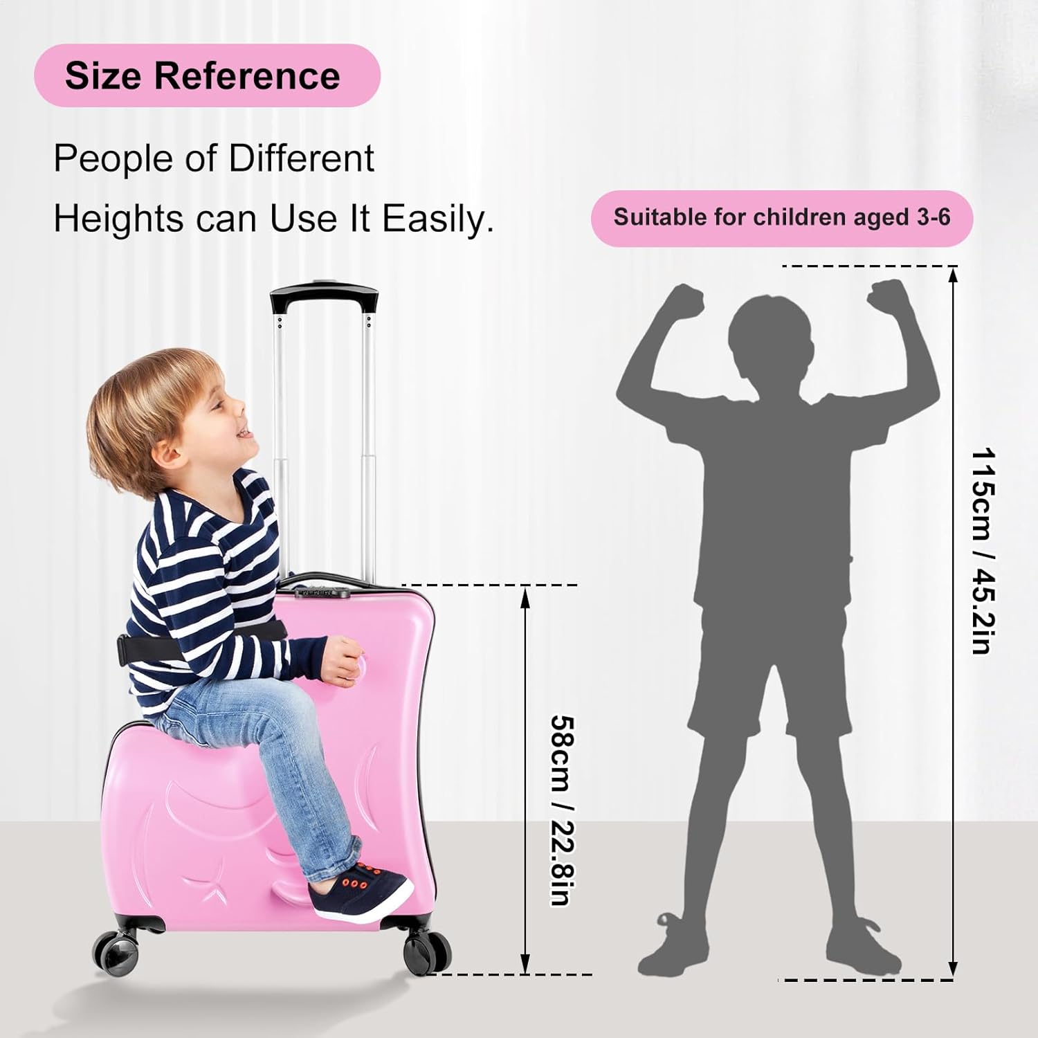 24 Inch Ride On Kids Suitcase with Wheels, Ride on Luggage with Pedal, Hardshell Kids Suitcase Adjustable Safe Harness, ABS+PC, Up To 100 Lbs, Pink
