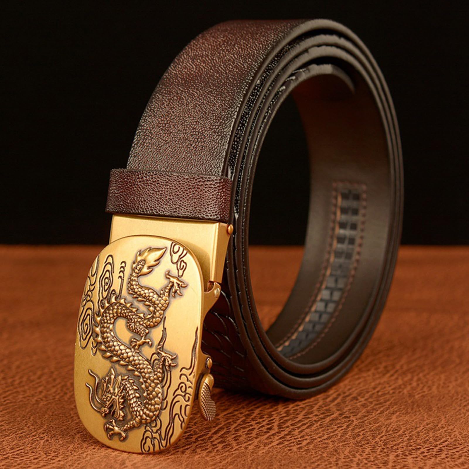 Cinturón De Trinquete para Hombre Hebilla Automática Deslizante Dragon Cinturones De Dragón Tallado En Relieve Longitud 110-130cm Correas De Cuero De Vaca(130cm/51, Coffee)