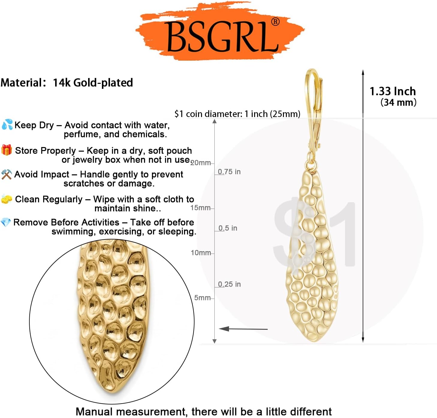 Dangle Earrings for Women - 14K Gold/White Gold Plated Hammered Texture Drop Dangle Earrings for Women with Leverback Closure Lightweight Minimalist Earrings