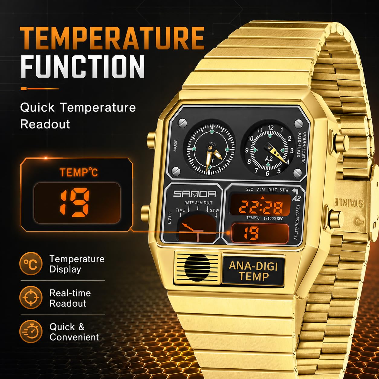 MASTOP Quadratische Retro-Digitaluhr mit Temperaturanzeige, Unisex, 19,1 cm, analog, 3 Zeitzonen, leuchtende Hintergrundbeleuchtung, 50 m wasserdicht, Wecker, Stoppuhr, Woche/Datum, Goldweiß