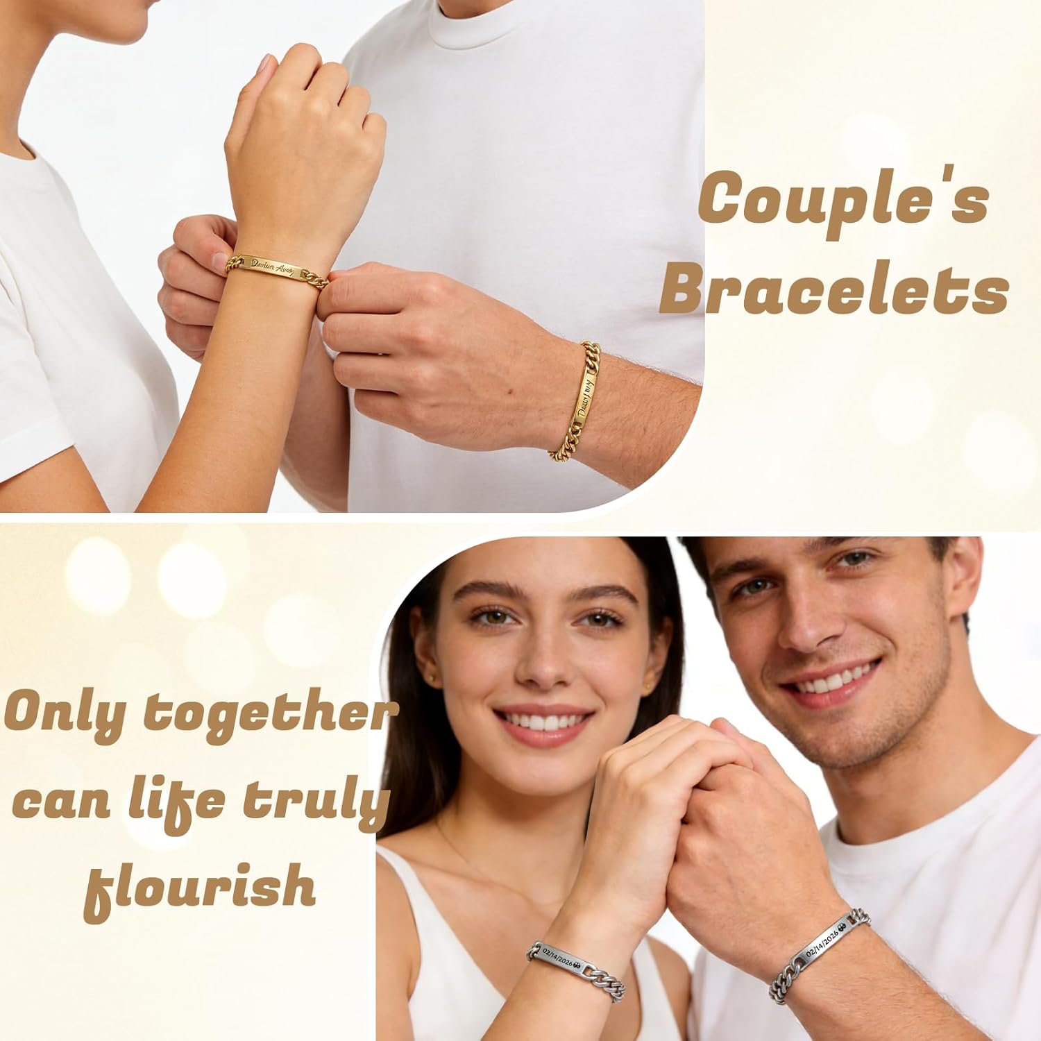 HJX Personalized Bracelet for Couple, Custom Name Bar Bracelet 18k Gold Plated Engraved ID Bracelets Personalized Gifts for Lover Valentine's Day - Image 2