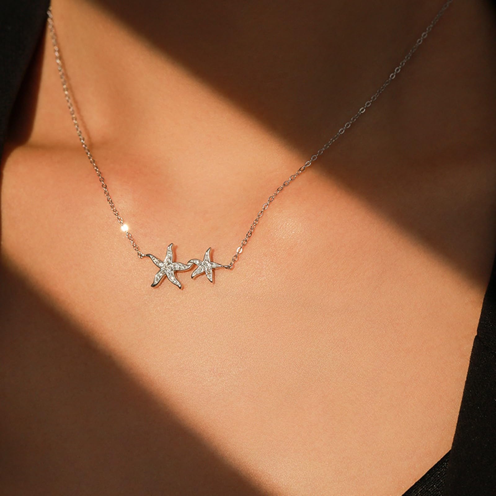 Collares de oro blanco para mujer, collar con colgante de estrella de mar de 9 K, 14 y 18 quilates, 11 x 21 mm, con moissanita, cadena alargada: 40 + 5 cm