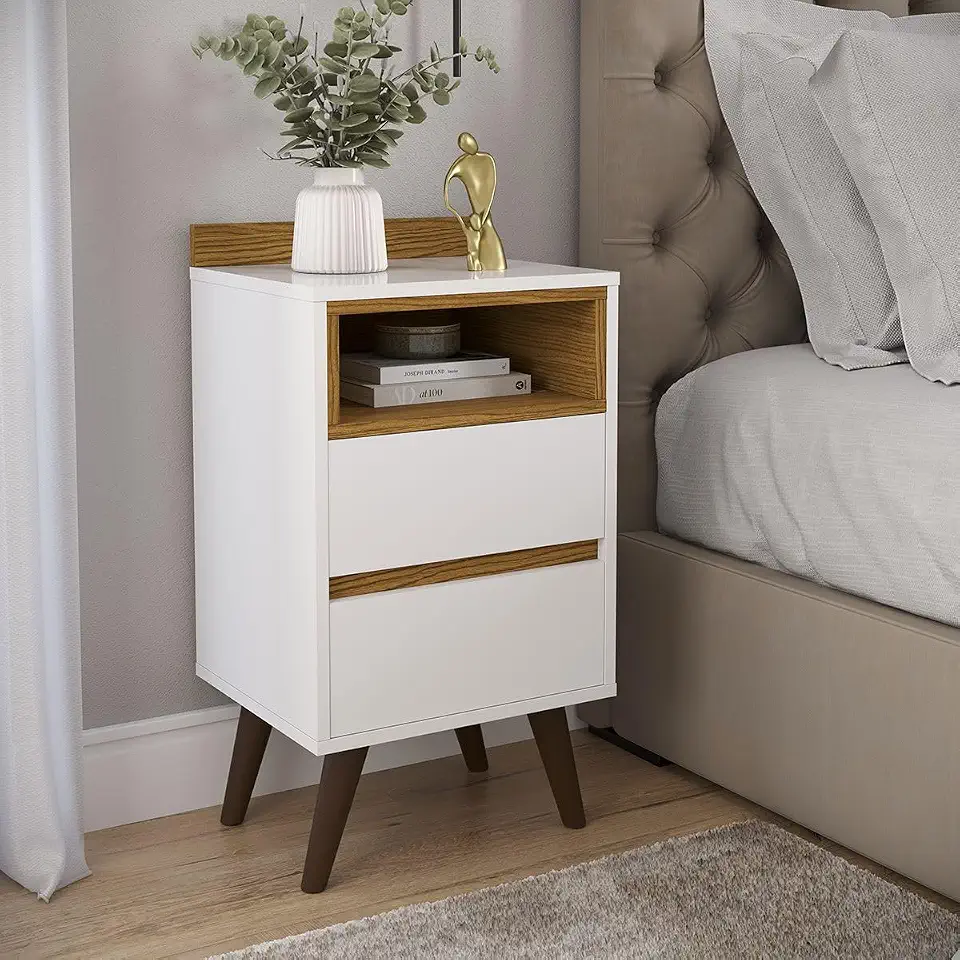 Mesa de Cabeceira Alamo Duda 2 Gavetas Canto Quarto Retro com Nicho (BRANCO C/NATURE)