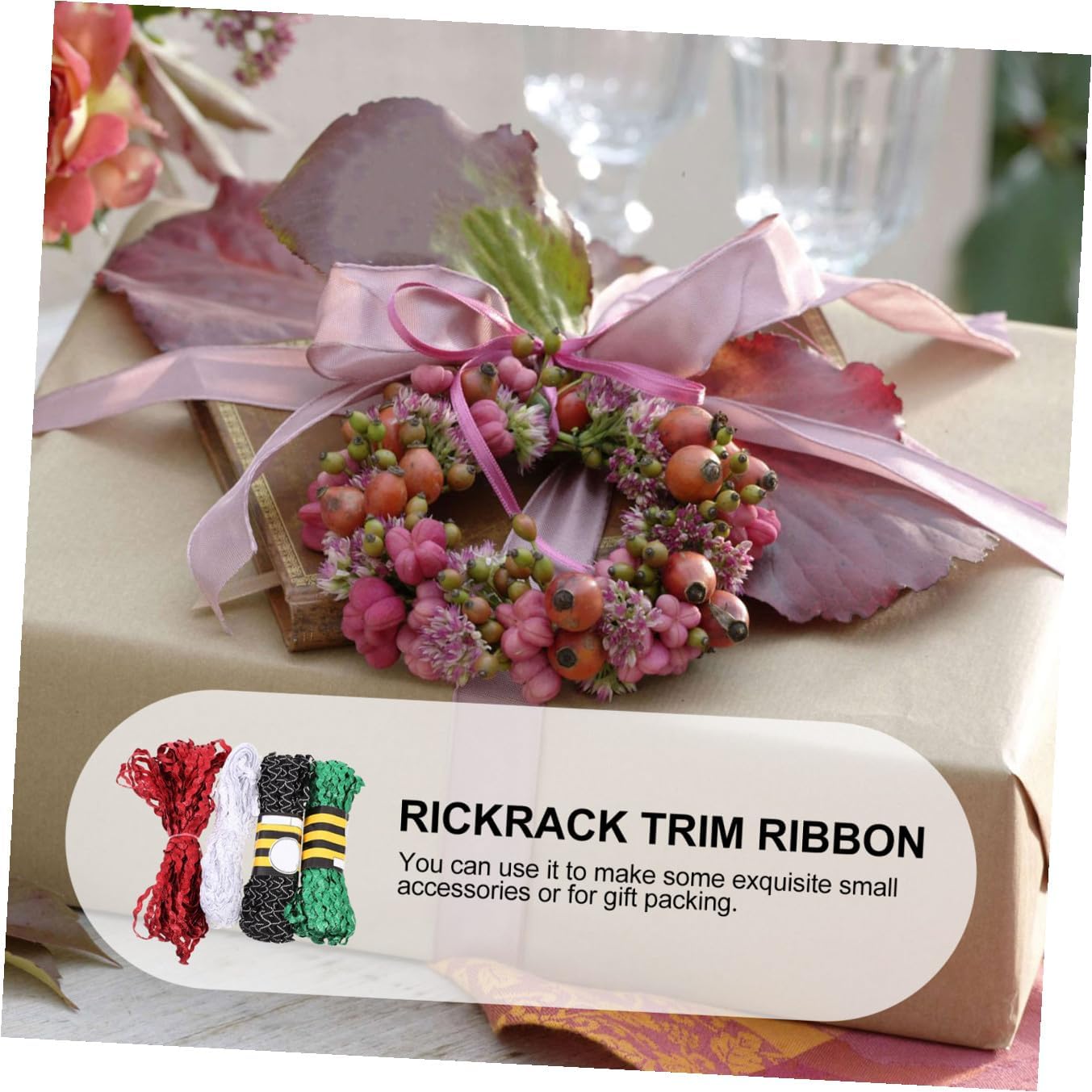 4 Rolls 5mm Rickrack Ribbon Trim for Sewing, Waving Bending Fringe Ribbon in Red Green White Black White, DIY Flower Making Crafts and Clothing Decoration