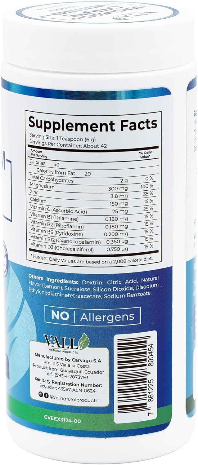 Magnesium Citrate Powder Lemon Flavor - 8.8 Ounces (250 Grams) - Sugar-Free Daily Mix - Supports Energy, Bone and Nerve Function
