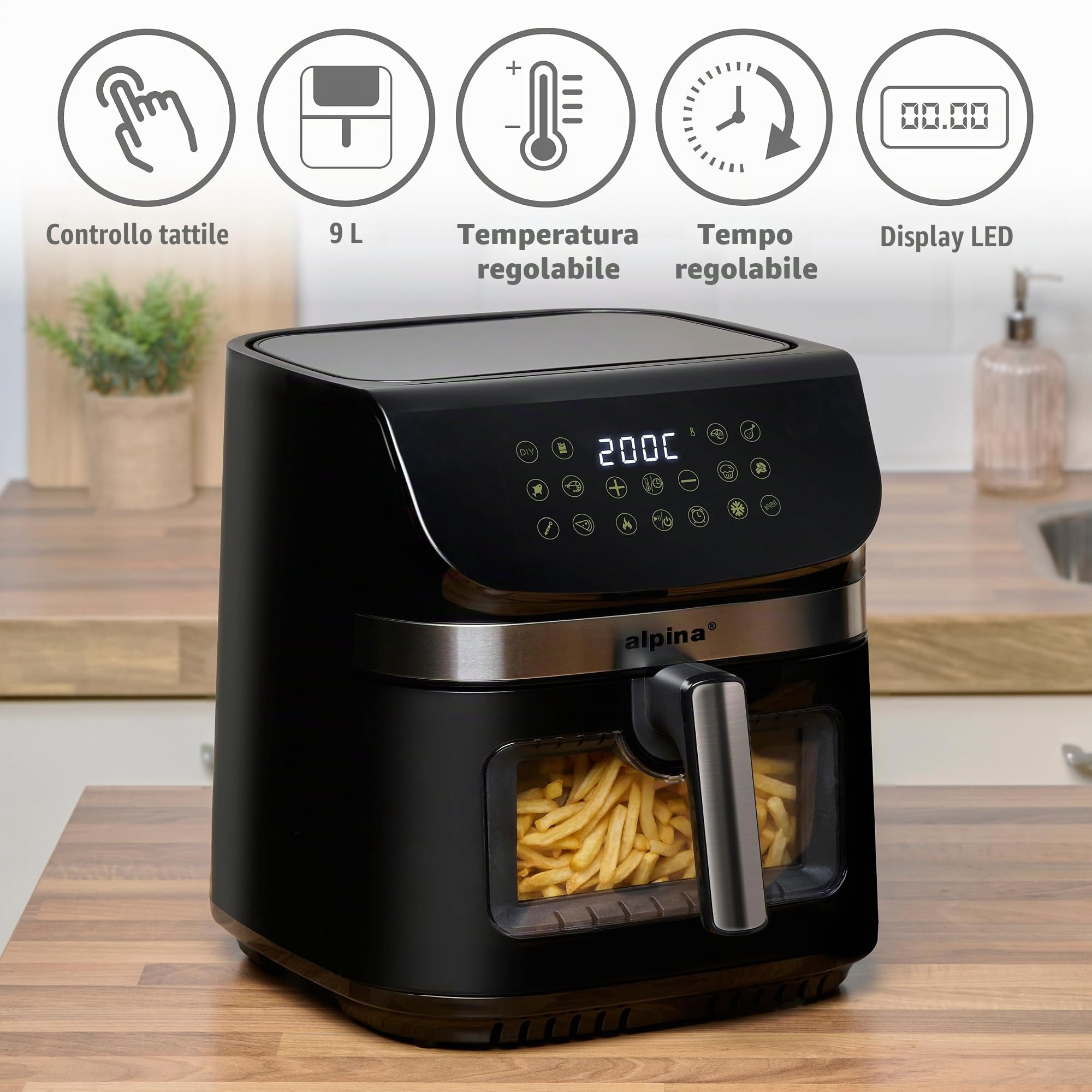 alpina Friggitrice Aria 9L - Friggitrice ad Aria XXL - Air Fryer con Display Digitale - Airfryer con Timer e Temperatura da 60 a 200℃ - con 8 Programmi di Cottura e Finestra di Visualizzazione - Nero