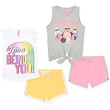 Dreamstar Girls 4 Piece Outfit Set Sleeveless Graphic Top with Dolphin Shorts, Cute Summer Matching Set for Kids and Tweens