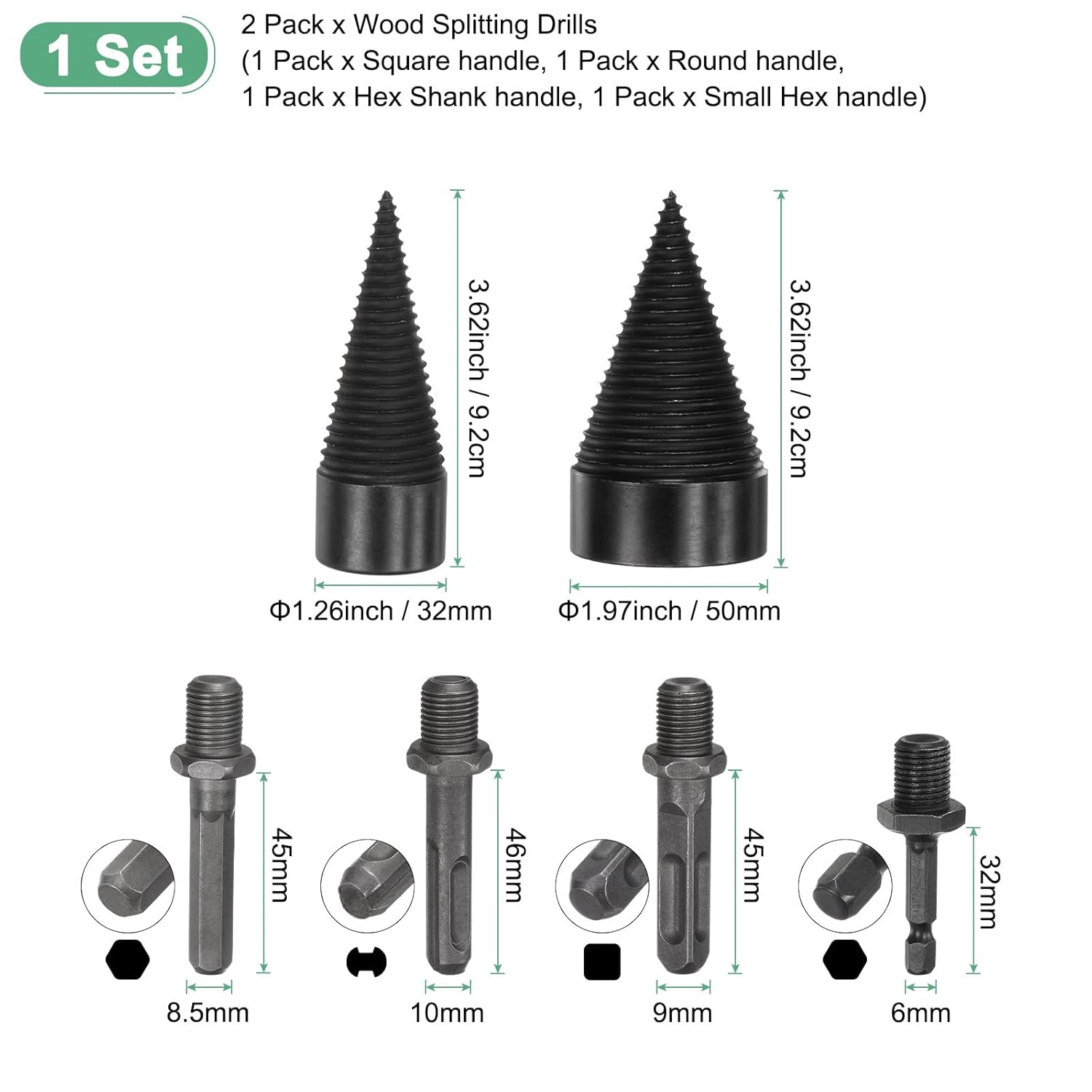 M METERXITY 2-Pack Wood Splitter Drill Bit 32mm + 50mm + 4 Handles (Square + Round + Hex Shank + Small Hex) Firewood Log Splitter Drill Bit for Family/Outdoor/Stove/Farm [Black+Grey]