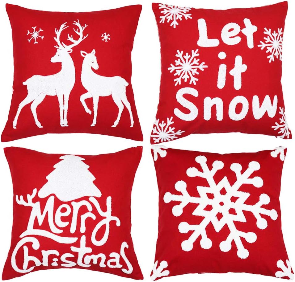 Sykting Christmas Pillow Covers 18x18 for Farmhouse Winter Holiday Decorations Throw Pillow Covers with Embroidery Christmas Tree Deer Snowflakes Saying Red and White Set of 4