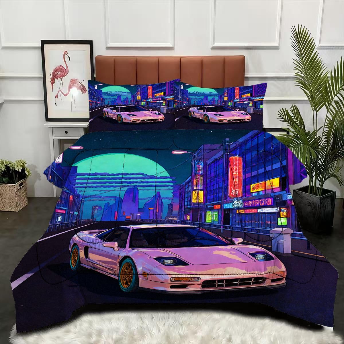 Couette 200 x 200 cm Voiture de Sport 3D et 2 taies d'oreiller en microfibre pour lit double
